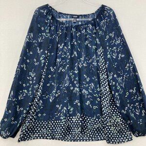 CHAPS size XL Navy Floral Long Sleeve Round neck Feminine Romantic Blouse